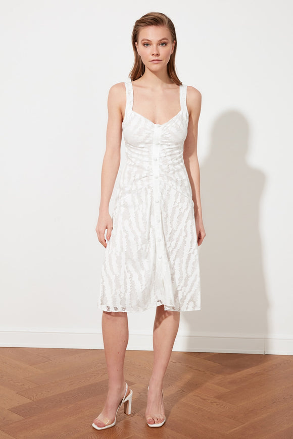 20497b Ecru Button Detail Strap Lace Dress