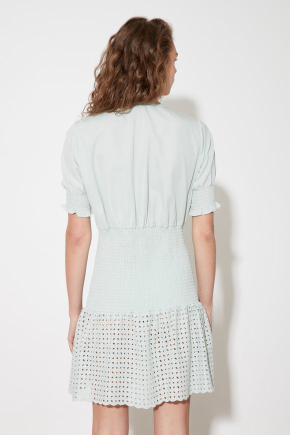 20490b Mint Green Laser Cut Elasticated Waist Dress