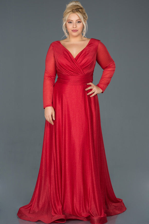 14001 Red Silvery Draped Waist Dress