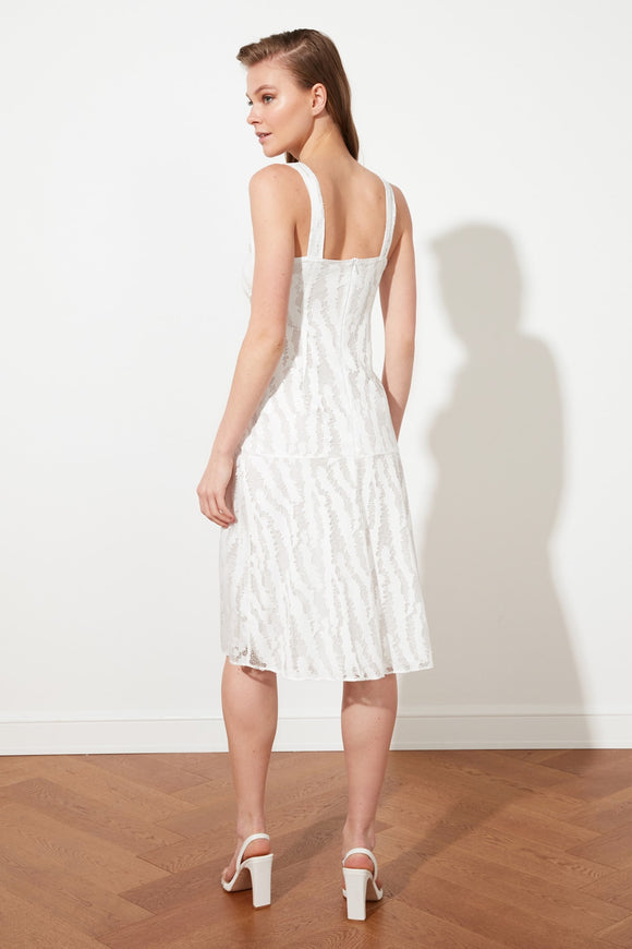 20497b Ecru Button Detail Strap Lace Dress