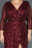 14646 burgundy sequins wrap slit dress