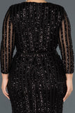 14647 black sequins wrap slit dress
