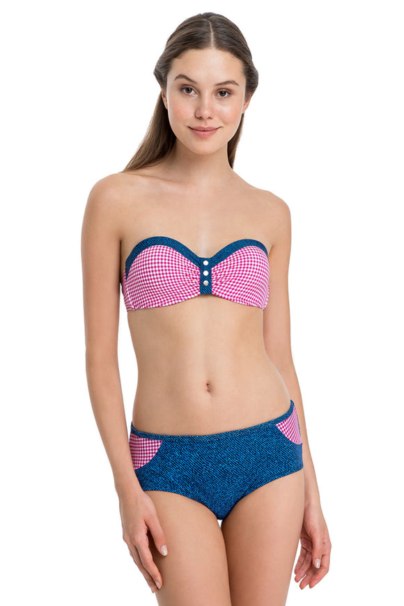 6110056 Pink-Blue Plaid Strapless Bikini Set