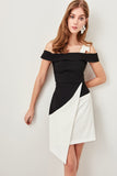 1505 Black-Ecru Color Block Asymmetrical Dress