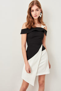 1505 Black-Ecru Color Block Asymmetrical Dress