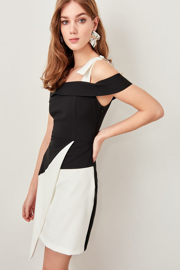 1505 Black-Ecru Color Block Asymmetrical Dress