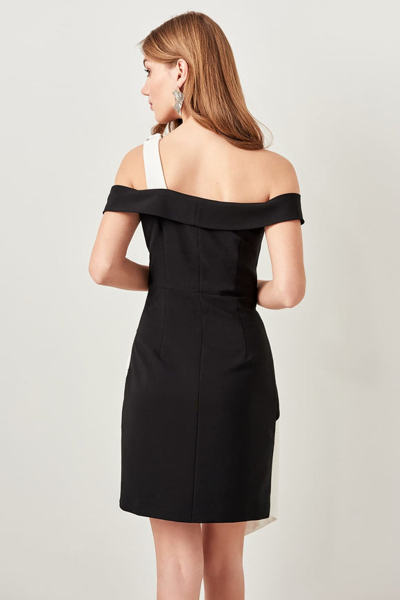 1505 Black-Ecru Color Block Asymmetrical Dress