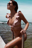 15915 pink frilly striped bikini set