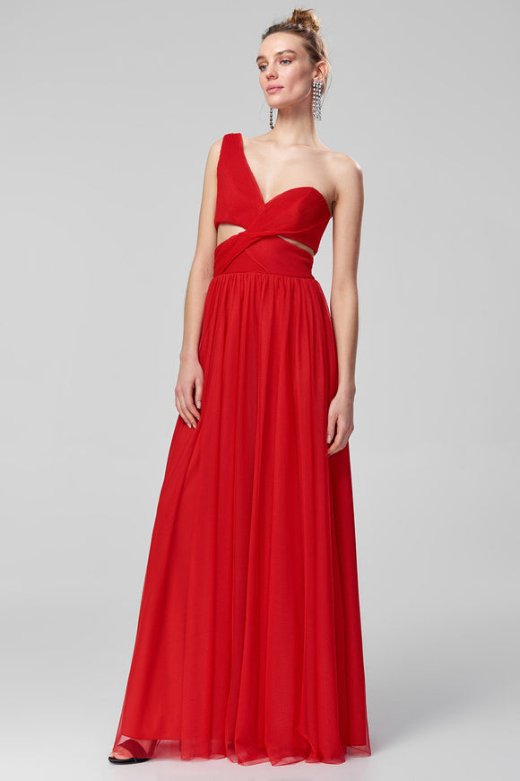 1310680 Red One Shoulder Cutout Dress