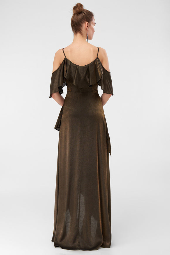 1310355 Bronze Off-Shoulder Ruffle Dress