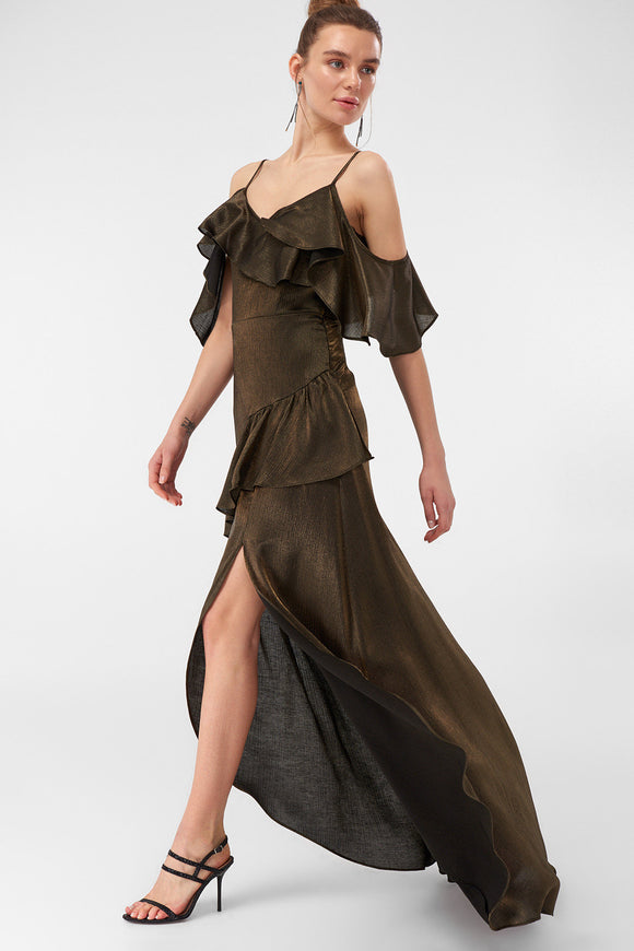 1310355 Bronze Off-Shoulder Ruffle Dress