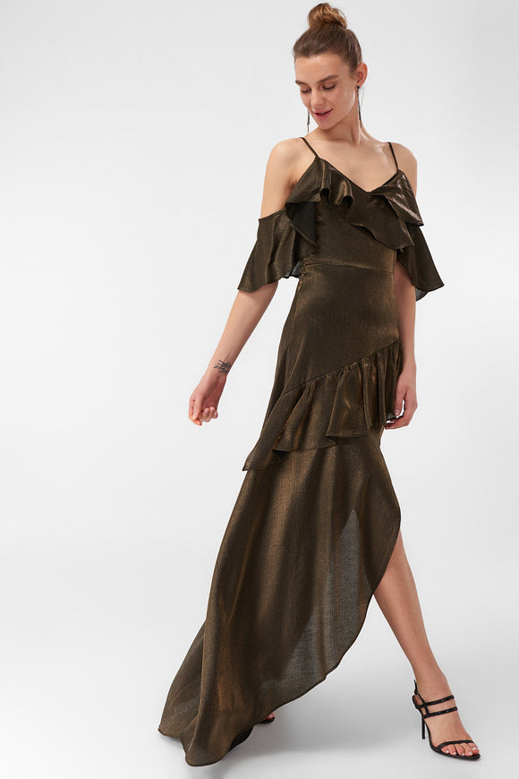 1310355 Bronze Off-Shoulder Ruffle Dress