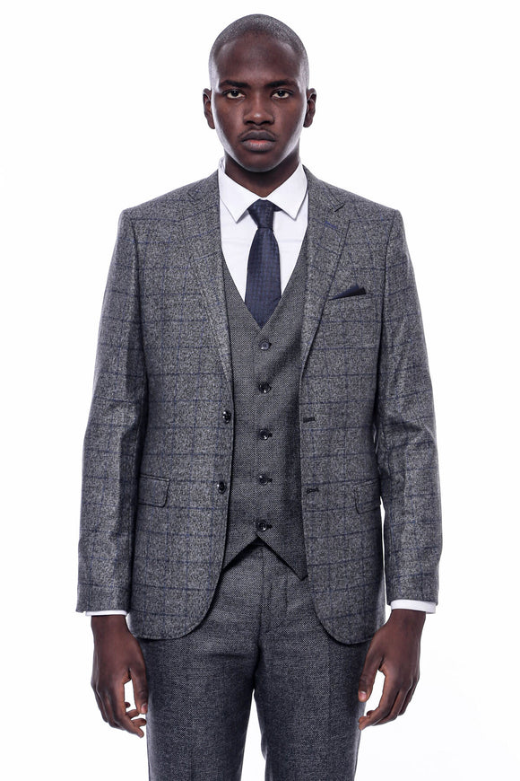 2410152b Grey-Navy 3 Piece Combine Suit