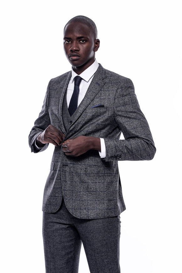 2410152b Grey-Navy 3 Piece Combine Suit