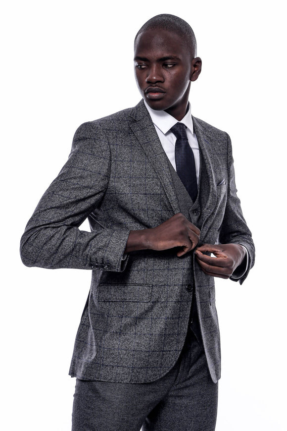 2410152b Grey-Navy 3 Piece Combine Suit