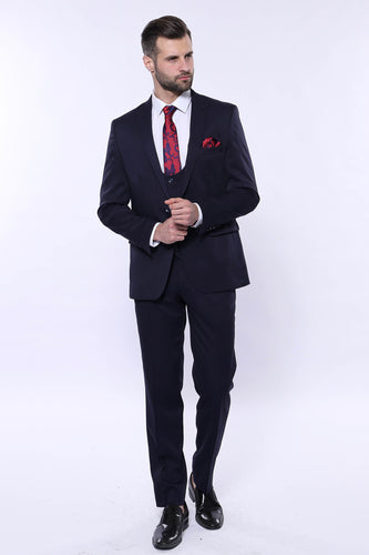 42921b Navy Blue Self-Patterned Waistcoat Suit