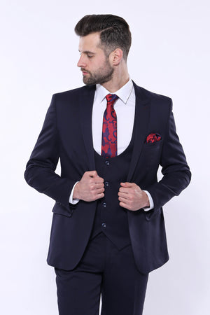 42921b Navy Blue Self-Patterned Waistcoat Suit