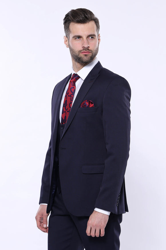 42921b Navy Blue Self-Patterned Waistcoat Suit
