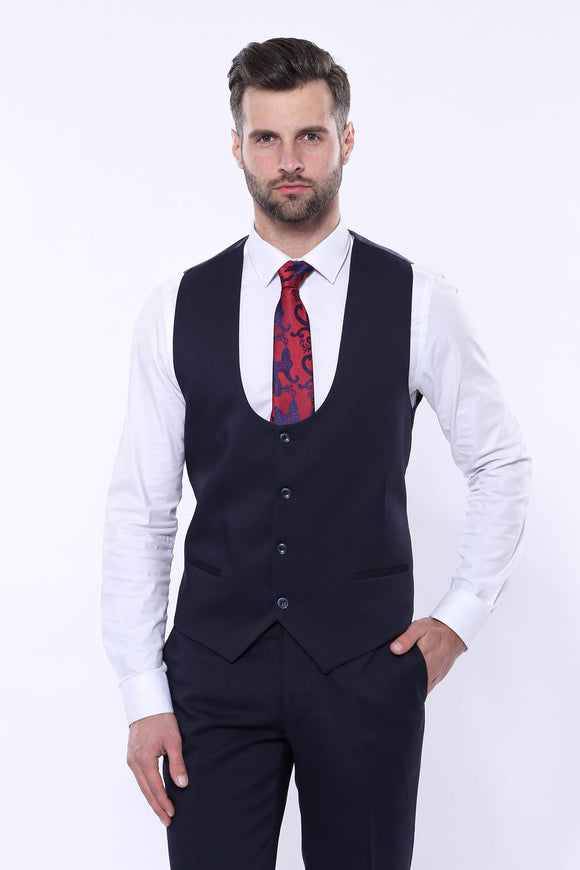 42921b Navy Blue Self-Patterned Waistcoat Suit